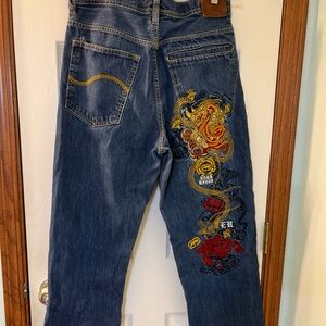 Vintage Echo Unltd Embroidered Money Dragon Baggy Fit Cotton Blue Jeans 34 x 30